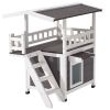 Outdoor Cat House, 2-Story Wooden Cat Shelter with Stairs & Balcony, Elevated Feral Kitty Shelter, Spacious Room