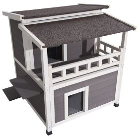 Insulated Cat House, 2-Story Wooden Cat Shelter, Foam Insulation, Feral Kitty Shelter with Balcony
